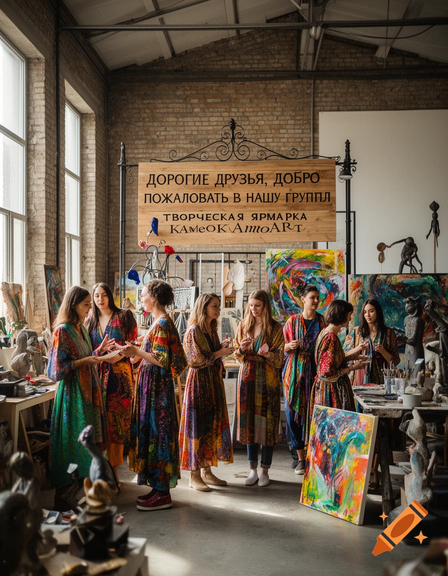 Women in vibrant, patterned dresses gather in a sunlit art studio filled with abstract paintings and sculptures.