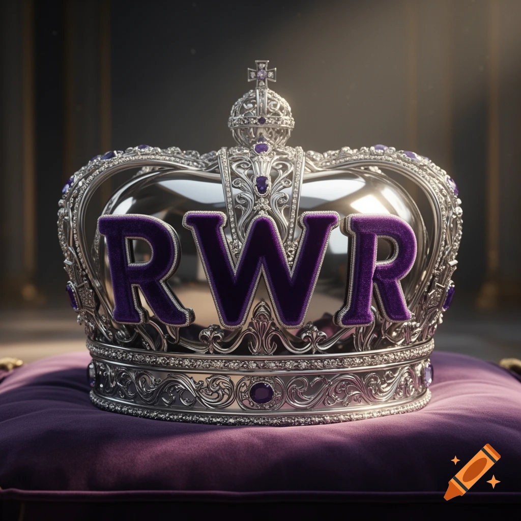 A silver royal crown adorned with purple velvet RWR letters, resting on a plush purple cushion in a dimly lit setting.