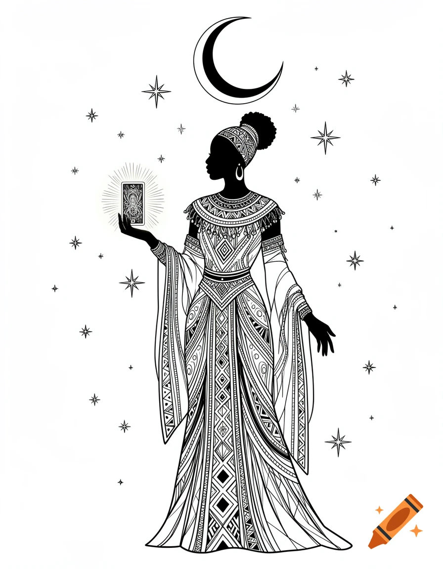 Black and white line art of an Afrocentric priestess holding a glowing tarot card under a crescent moon and stars.