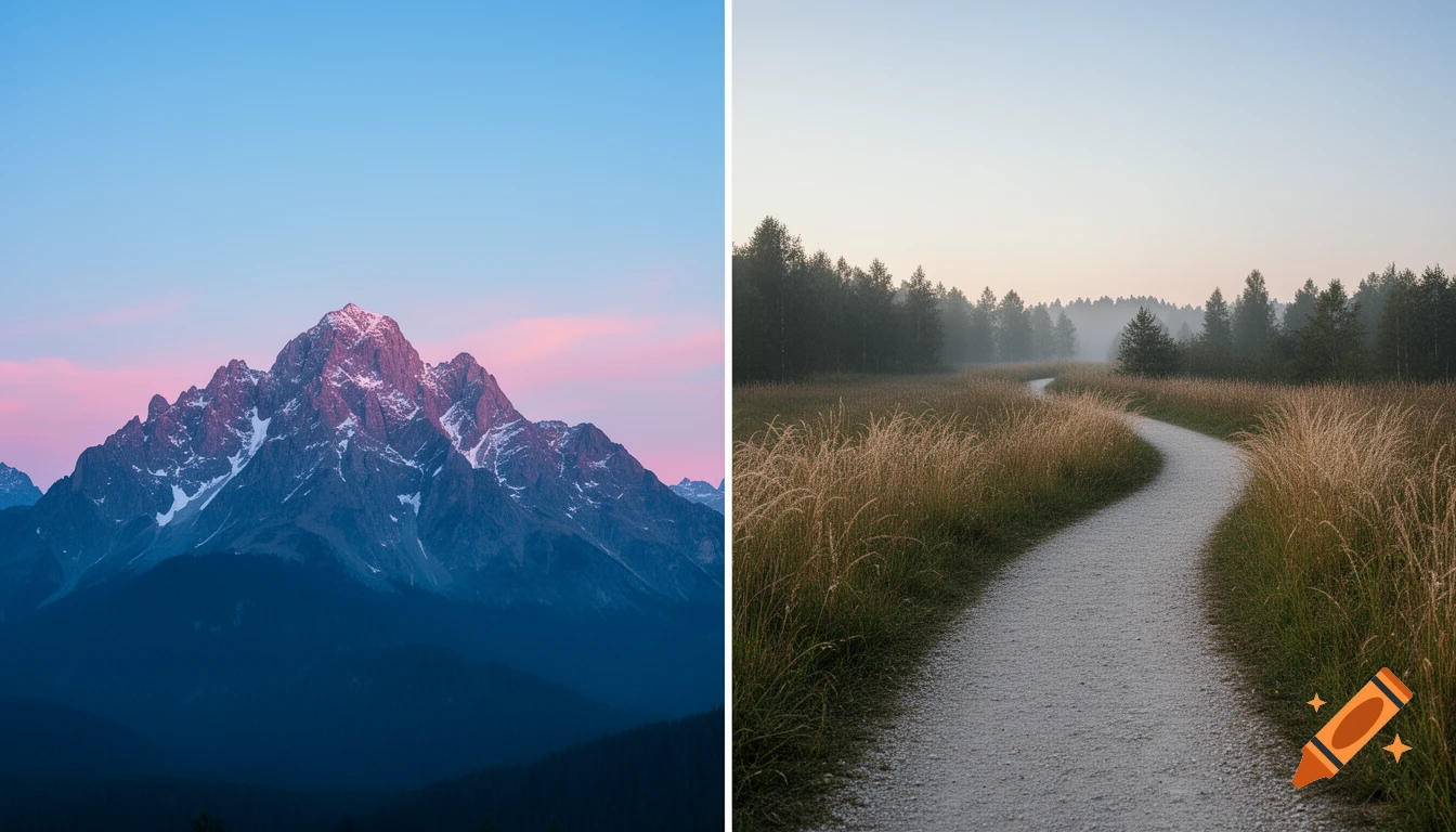 A diptych showing a pink-hued mountain at twilight on the left, and a winding path through a misty field and forest on the right.