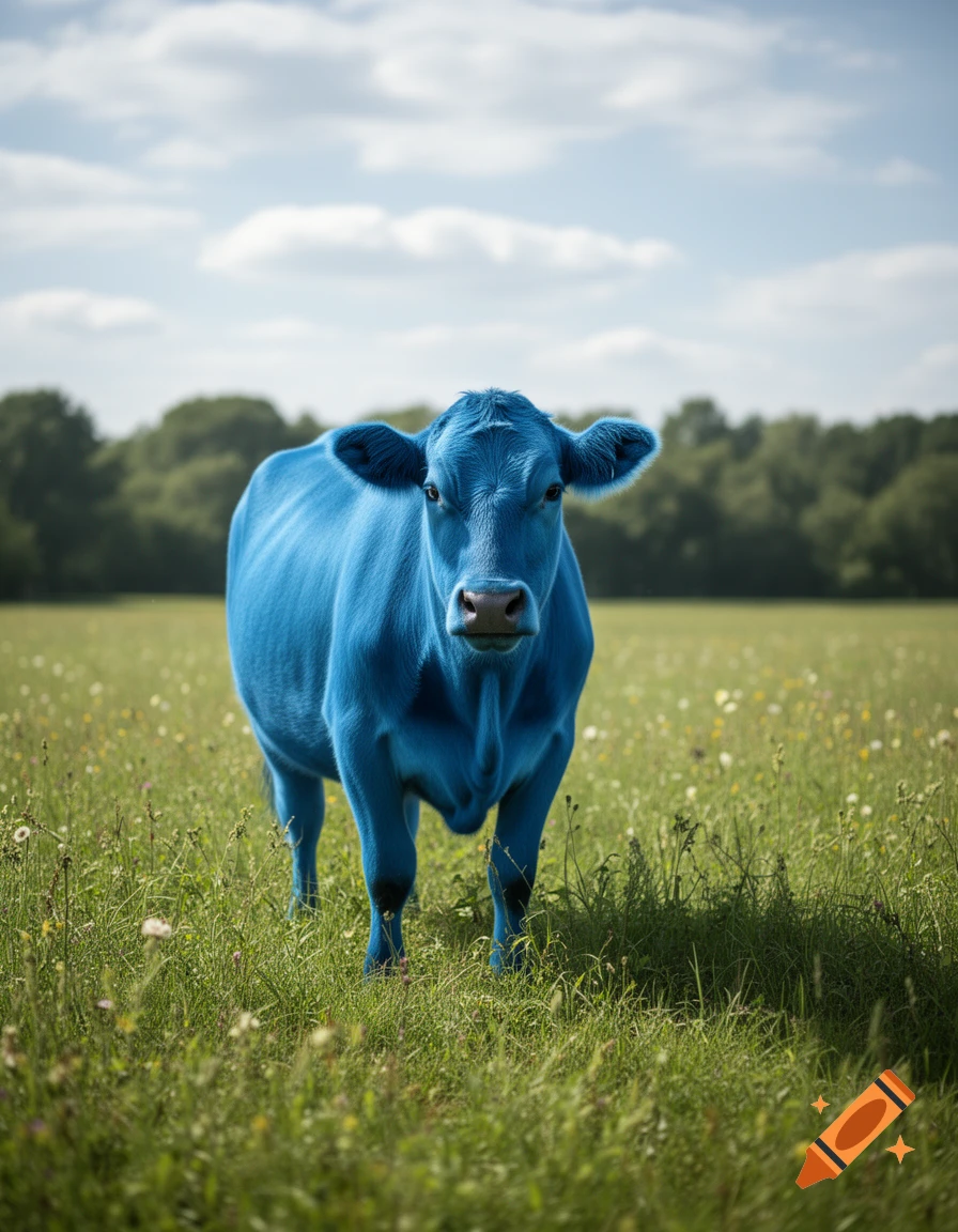 A vibrant blue cow stands prominently in a lush green meadow under a bright, partly cloudy sky, with trees in the distance.