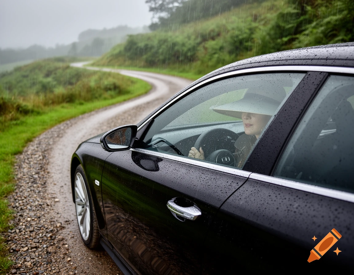 A black car drives on a winding gravel road in the rain, a woman in a wide-brimmed hat at the wheel.