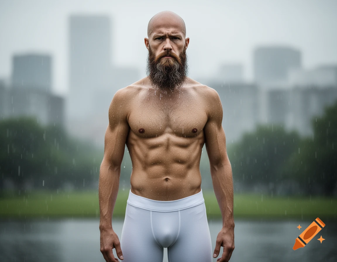 A bald, bearded, muscular man, shirtless and wearing white compression shorts, stands in the rain outdoors.