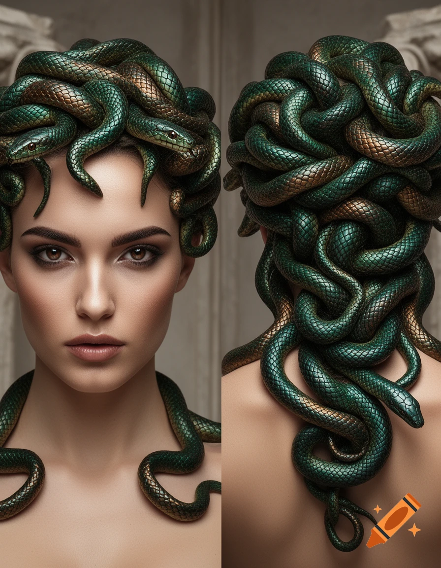 A photorealistic double portrait of Medusa, showing her front with snakes for hair and her bare back with intertwining snakes.