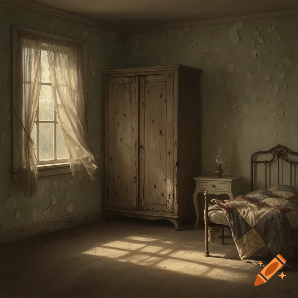 Sunlit, dilapidated vintage bedroom with a window, sheer curtains, old wooden wardrobe, and an iron bed with a patchwork quilt.