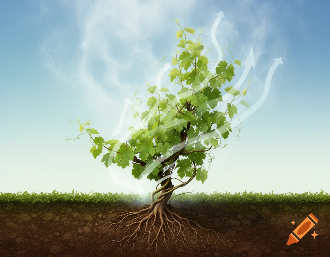 A cross-section diagram showing a grapevine with roots in soil and green leaves above ground, with white arrows indicating moisture movement into a cloudy blue sky.