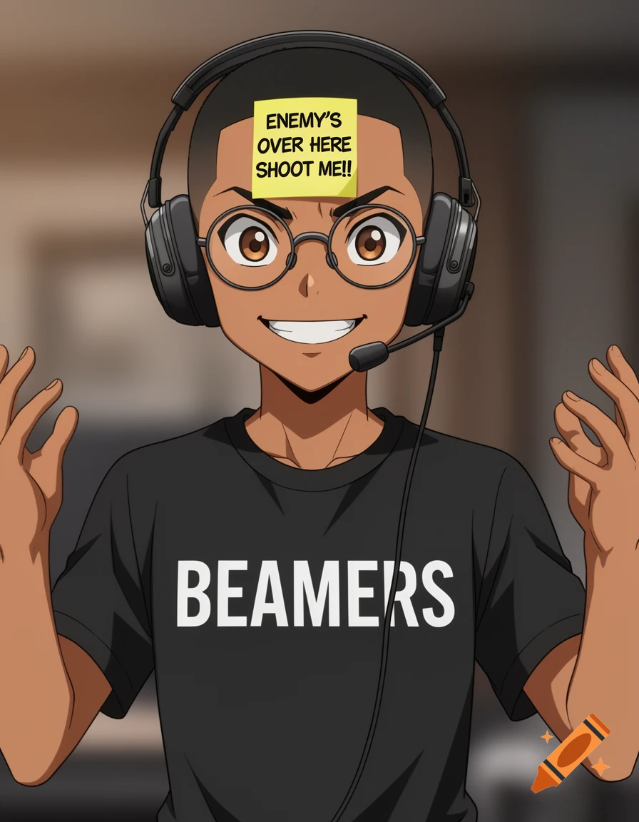 Anime boy in a headset, glasses, black t-shirt with 'BEAMERS', and a yellow sticky note on his forehead saying 'ENEMY'S OVER HERE SHOOT ME!!', grinning with hands raised.