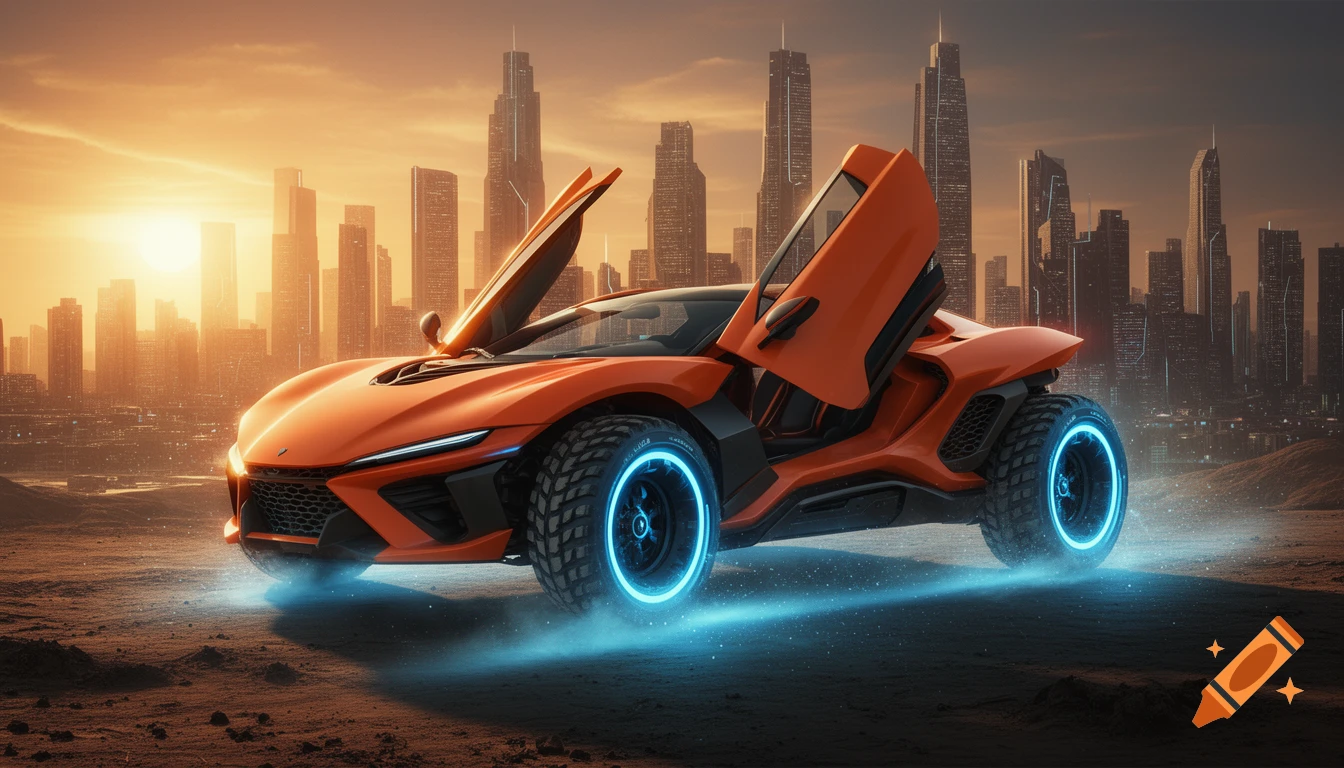 An orange futuristic car with glowing blue wheels and open doors on a desolate ground, against a sunset cityscape.