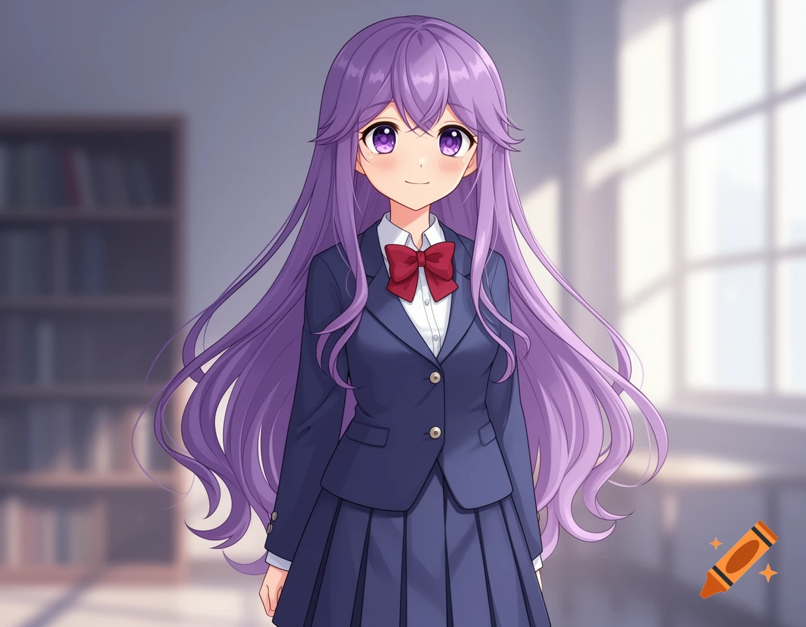 Anime girl with long purple hair and purple eyes in a navy school uniform with a red bow, standing in a classroom.