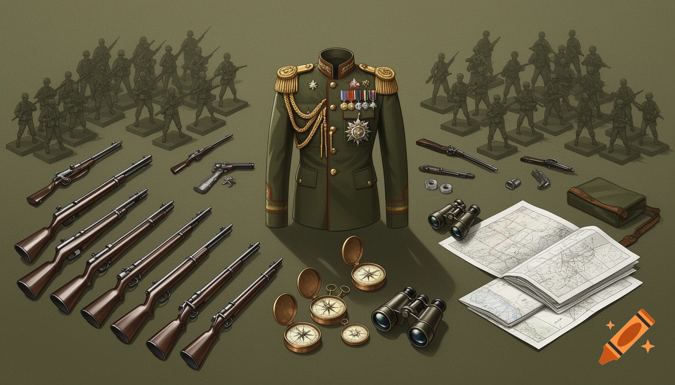 Illustration of military equipment: a general's uniform, rifles, pistols, maps, binoculars, compasses, and toy soldiers on a green background.