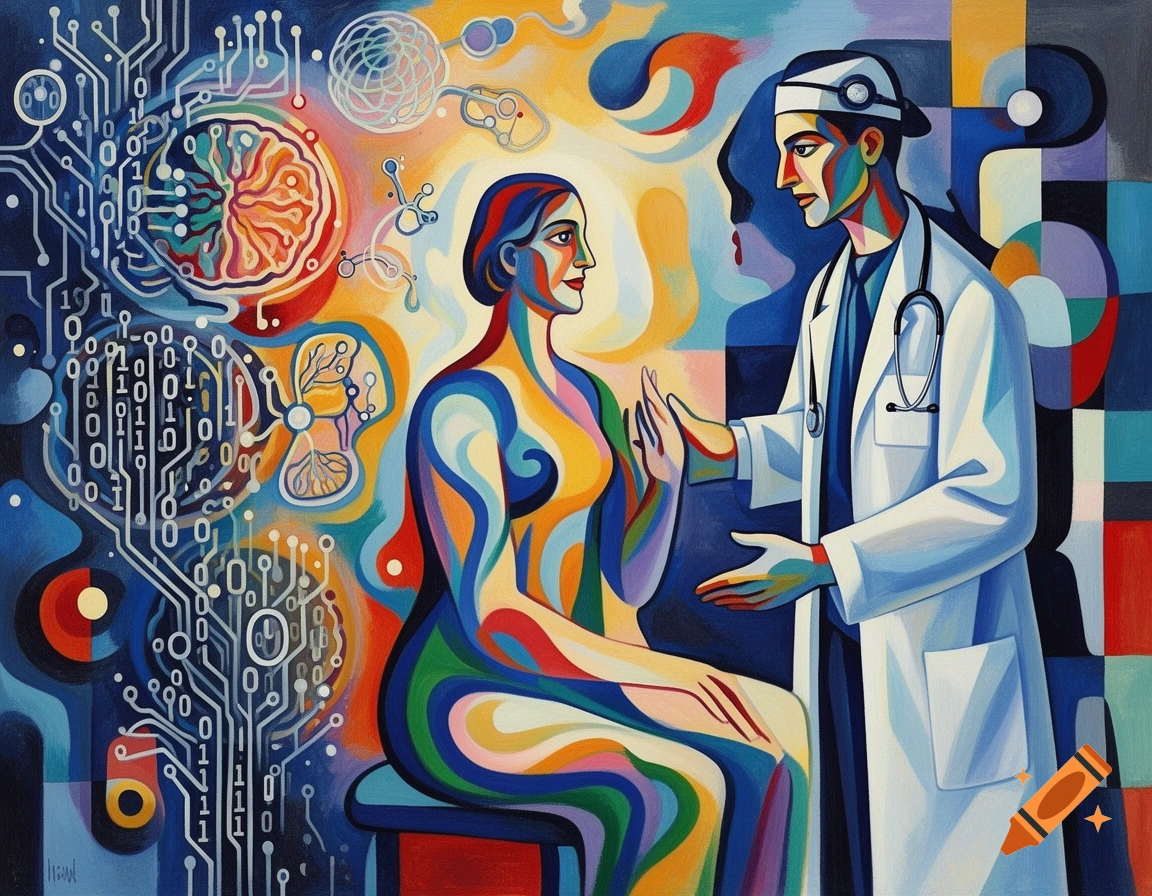 A colorful, Kandinsky-style painting of a doctor and patient with abstract AI symbols and circuit patterns.