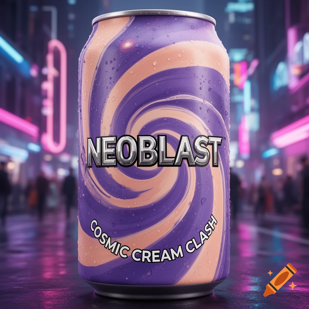 A vibrant soda can with a purple and peach swirl, labeled 'NEOBLAST COSMIC CREAM CLASH,' stands in a neon-lit city street.