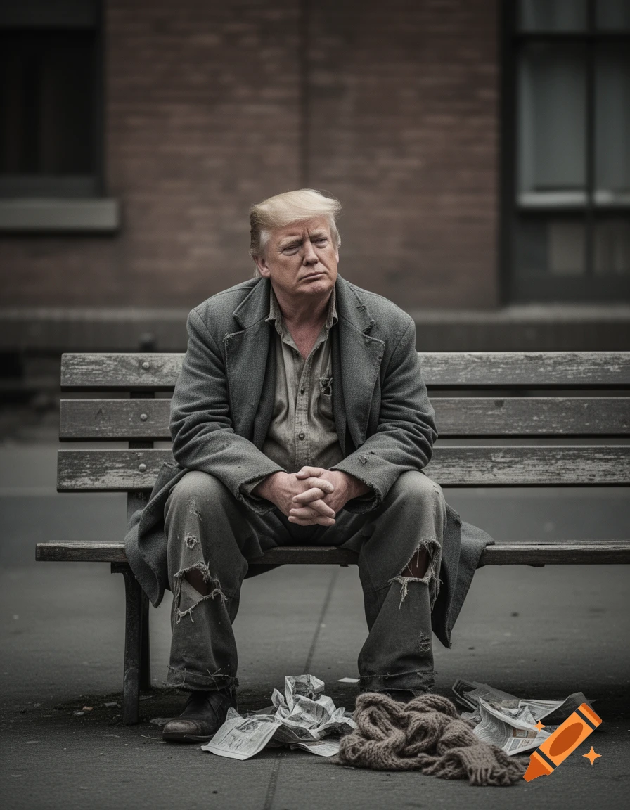 Donald Trump, dressed as a homeless man, sits forlornly on a park bench in an urban setting with crumpled papers at his feet.