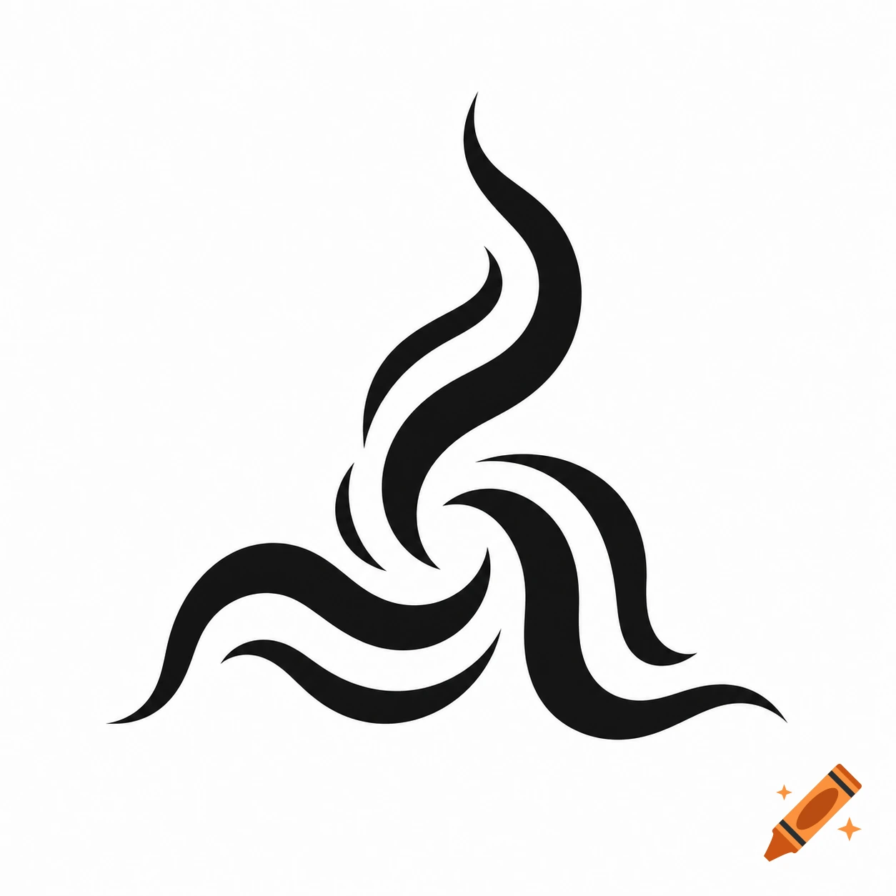 An abstract black swirl symbol on a white background, composed of three flame-like elements converging in the center.