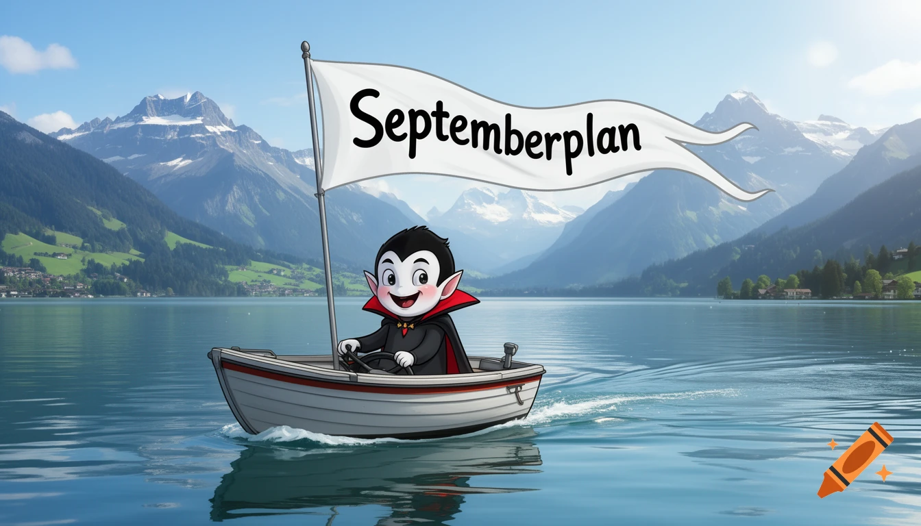 A cute cartoon vampire in a boat on a lake with a flag reading 'Septemberplan' against a backdrop of mountains.