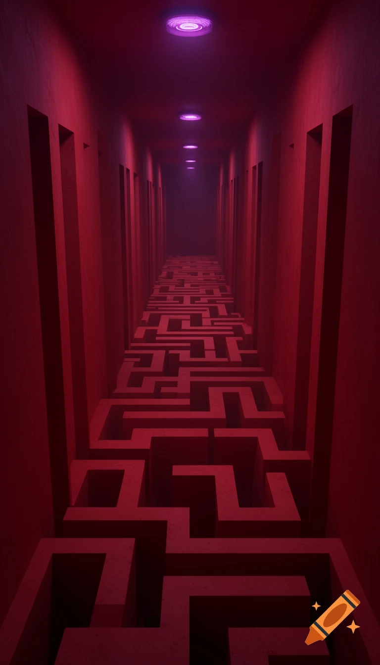 A long, eerie red corridor with a maze pattern on the floor and purple ceiling lights fading into the distance.