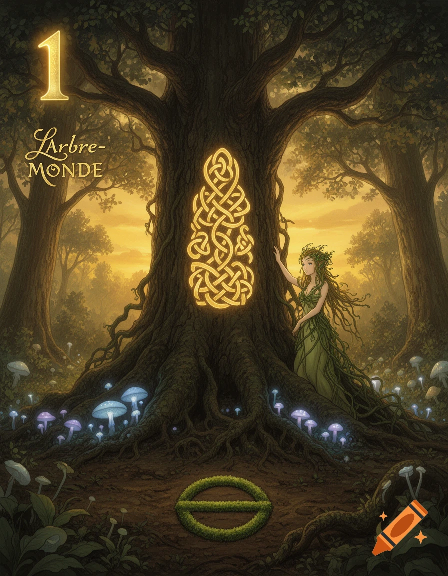 A mystical tree in an enchanted forest with a glowing Celtic knot, a dryad, bioluminescent mushrooms, and the title "L'Arbre-Monde" with the number 1 and Earth symbol.