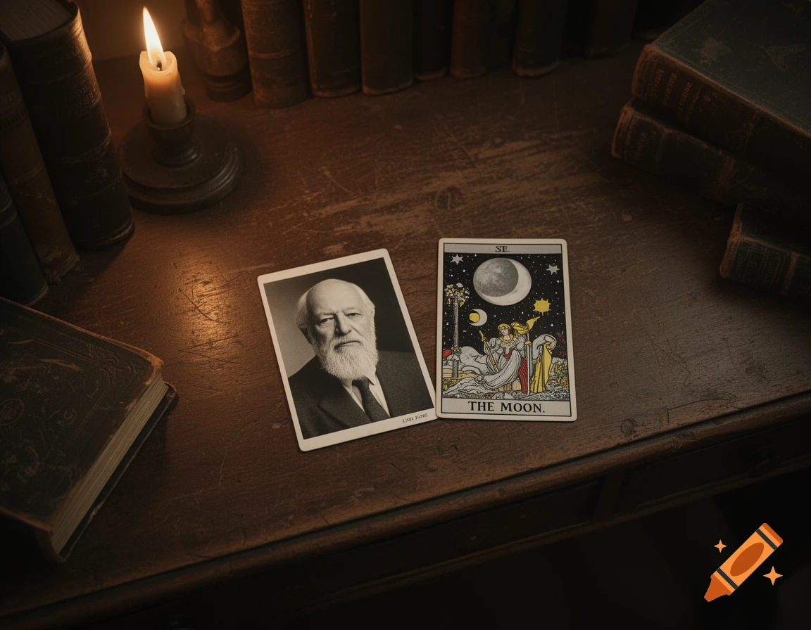 A top-down photorealistic shot of an old wooden desk with a lit candle, antique books, a photo of Carl Jung, and The Moon tarot card.