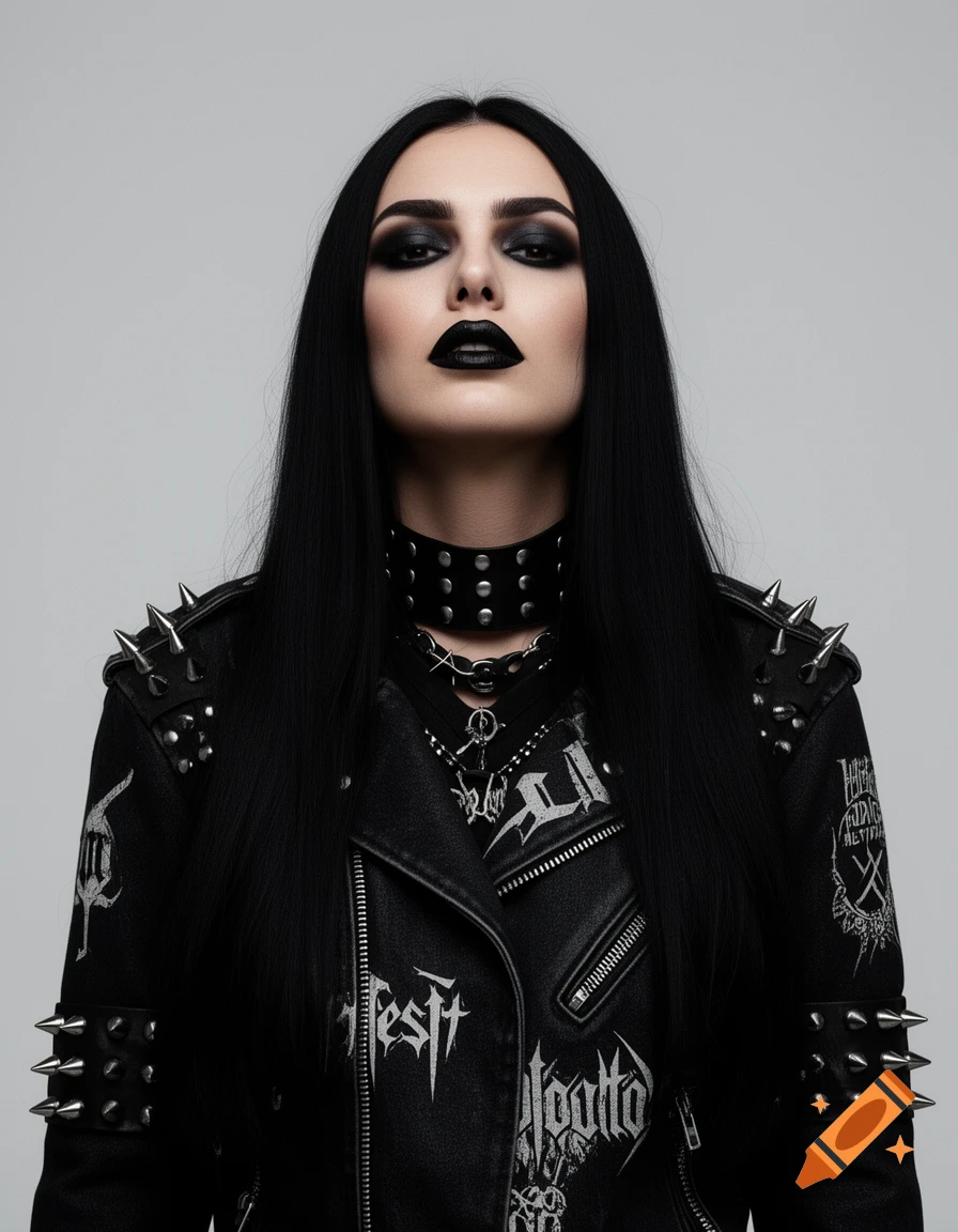 A woman with long black hair, dark makeup, and black lipstick, wearing a spiked and studded black leather jacket with illegible band logos, and a studded choker.