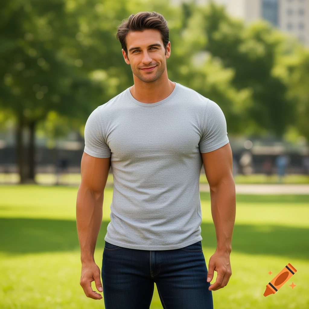 A photorealistic portrait of a smiling man with a muscular build, wearing a grey t-shirt and jeans in a sunny park.