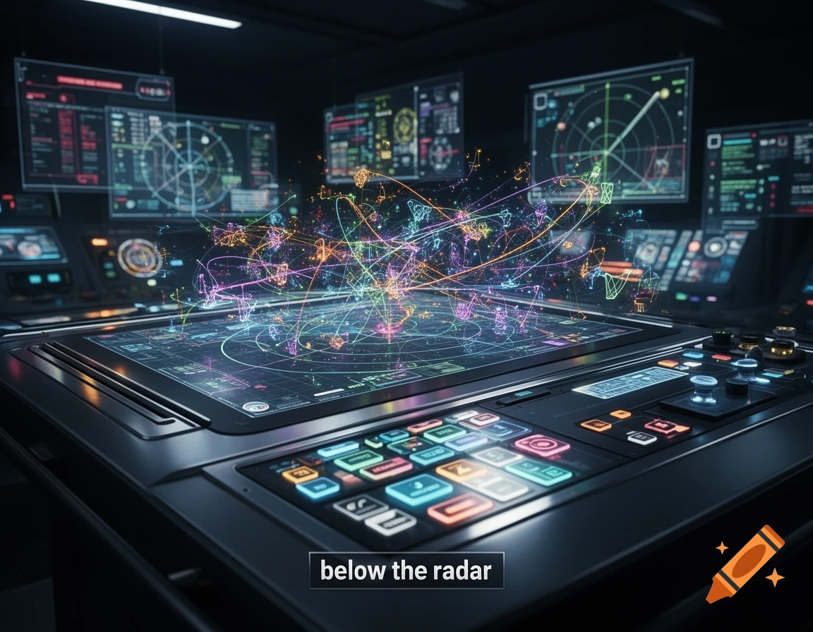 Futuristic radar control room with multiple screens displaying glowing data and a holographic projection of swirling lines above the main panel.