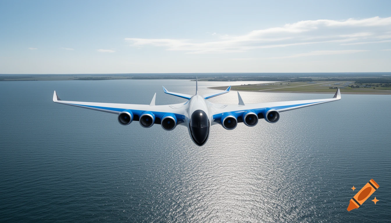 A white and blue futuristic aircraft with multiple engines flies low over a vast body of water, with distant land and an airport visible under a clear sky.