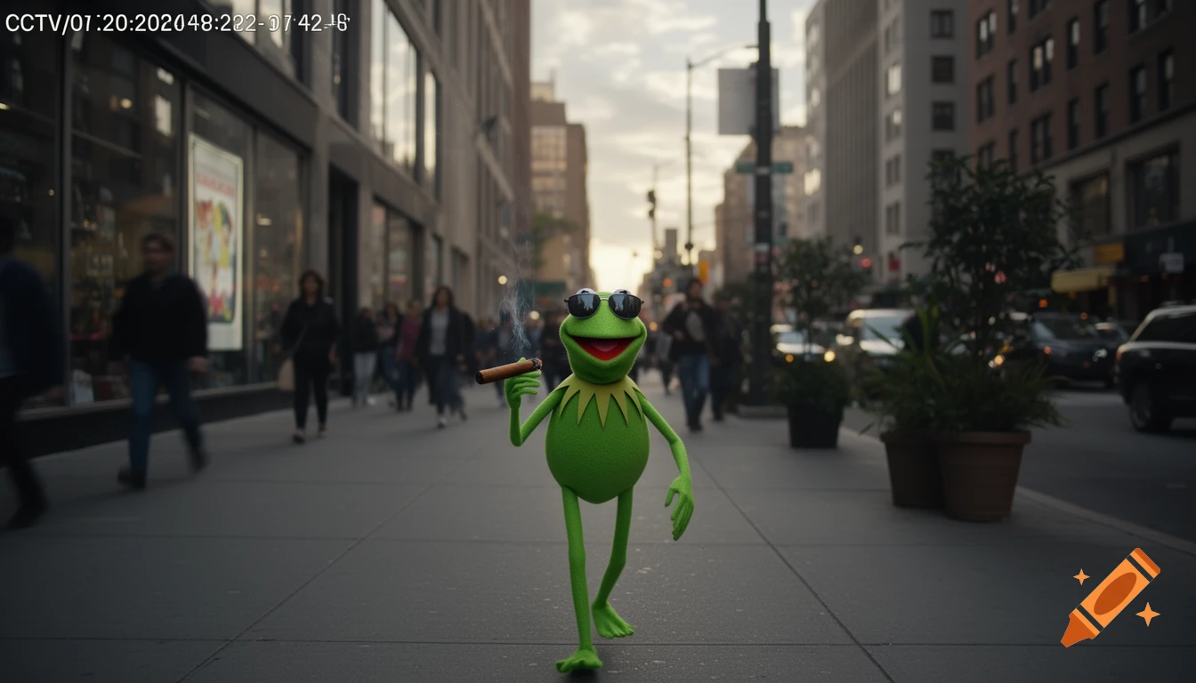 Photorealistic image of Kermit the Frog wearing sunglasses, smoking a cigar, and walking down a bustling city street, styled as CCTV footage.