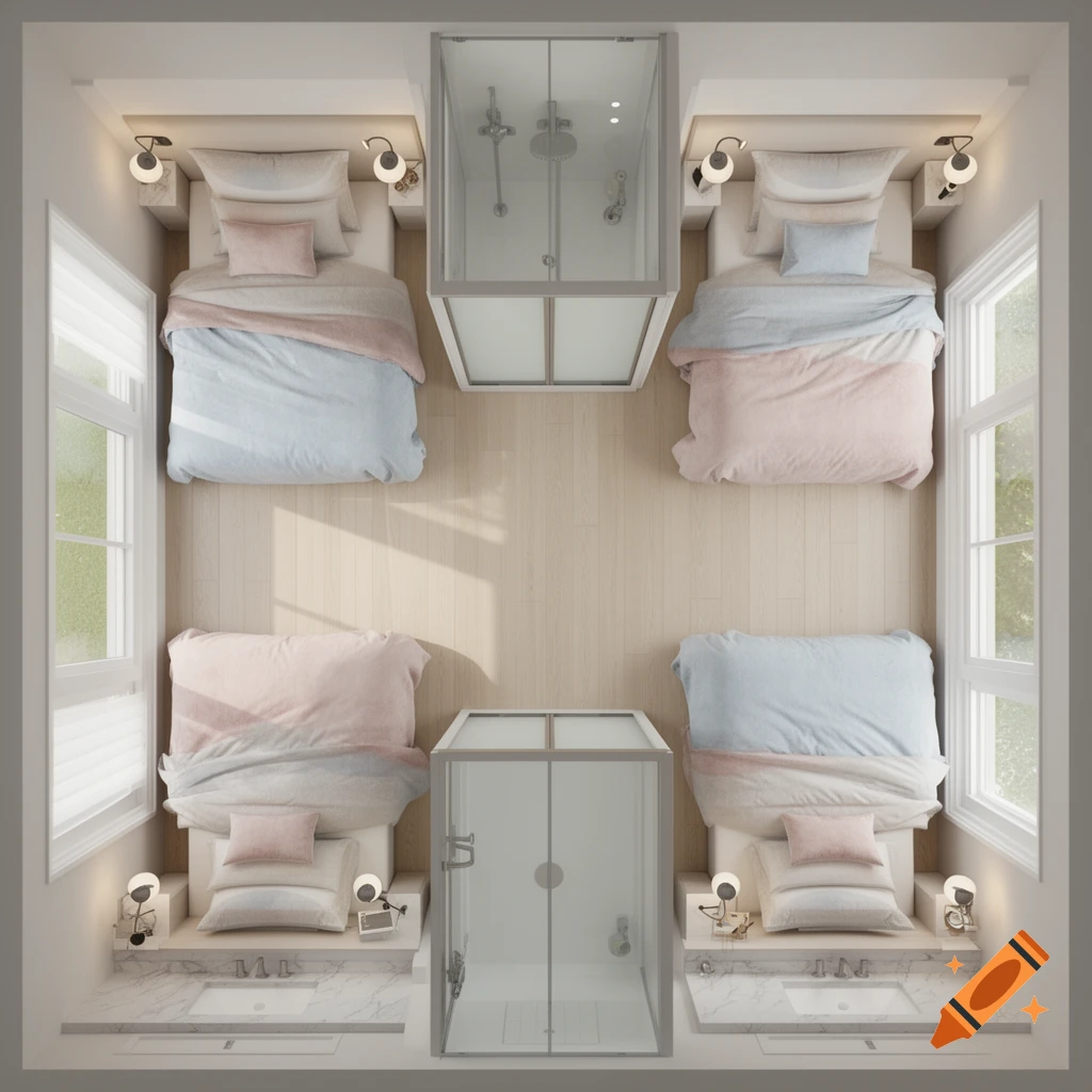 Overhead view of a symmetrical 'jack and jill' bedroom suite with two beds, two sinks, and two glass shower stalls.