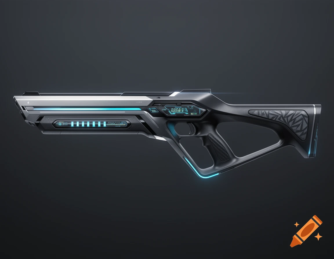 A sleek, futuristic black and silver rifle with glowing blue accents and digital displays, set against a dark grey background.