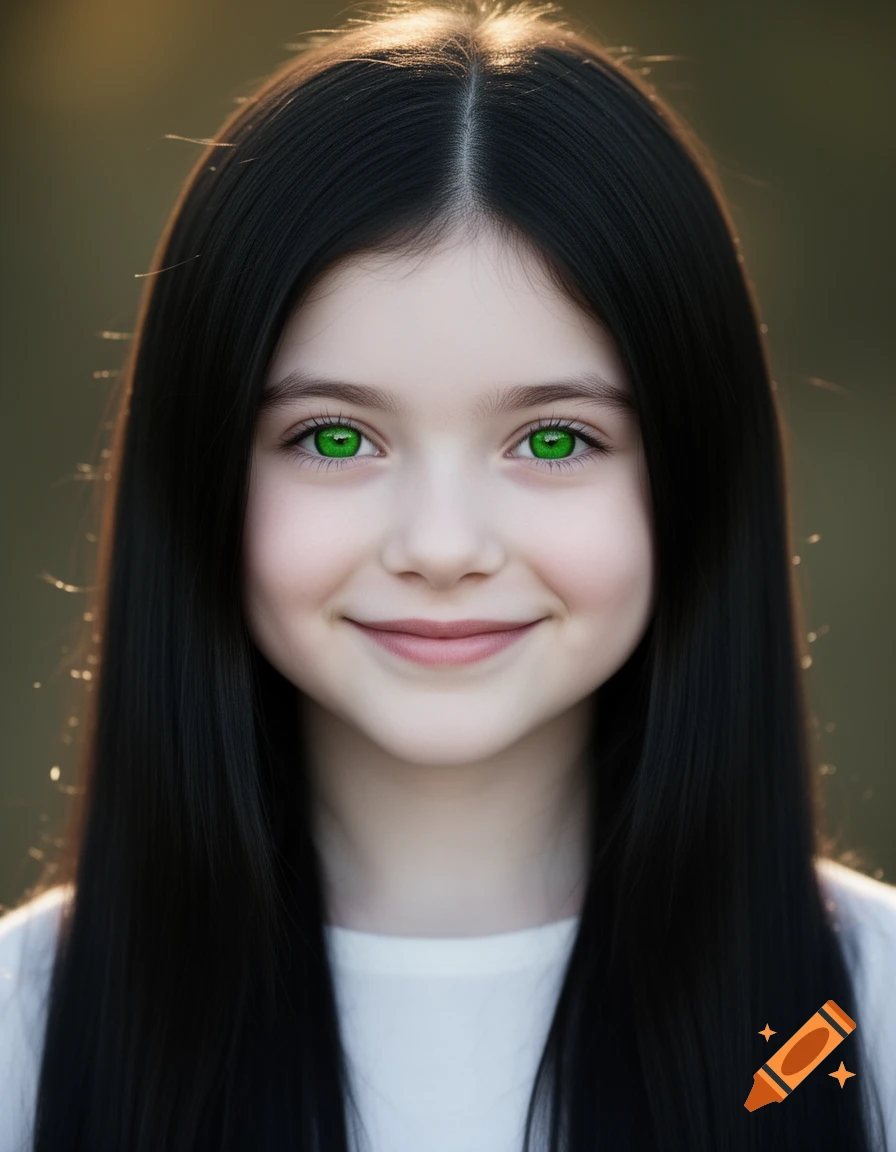 A photorealistic portrait of a young girl with long jet-black hair, vivid green eyes, and pale skin, smiling.