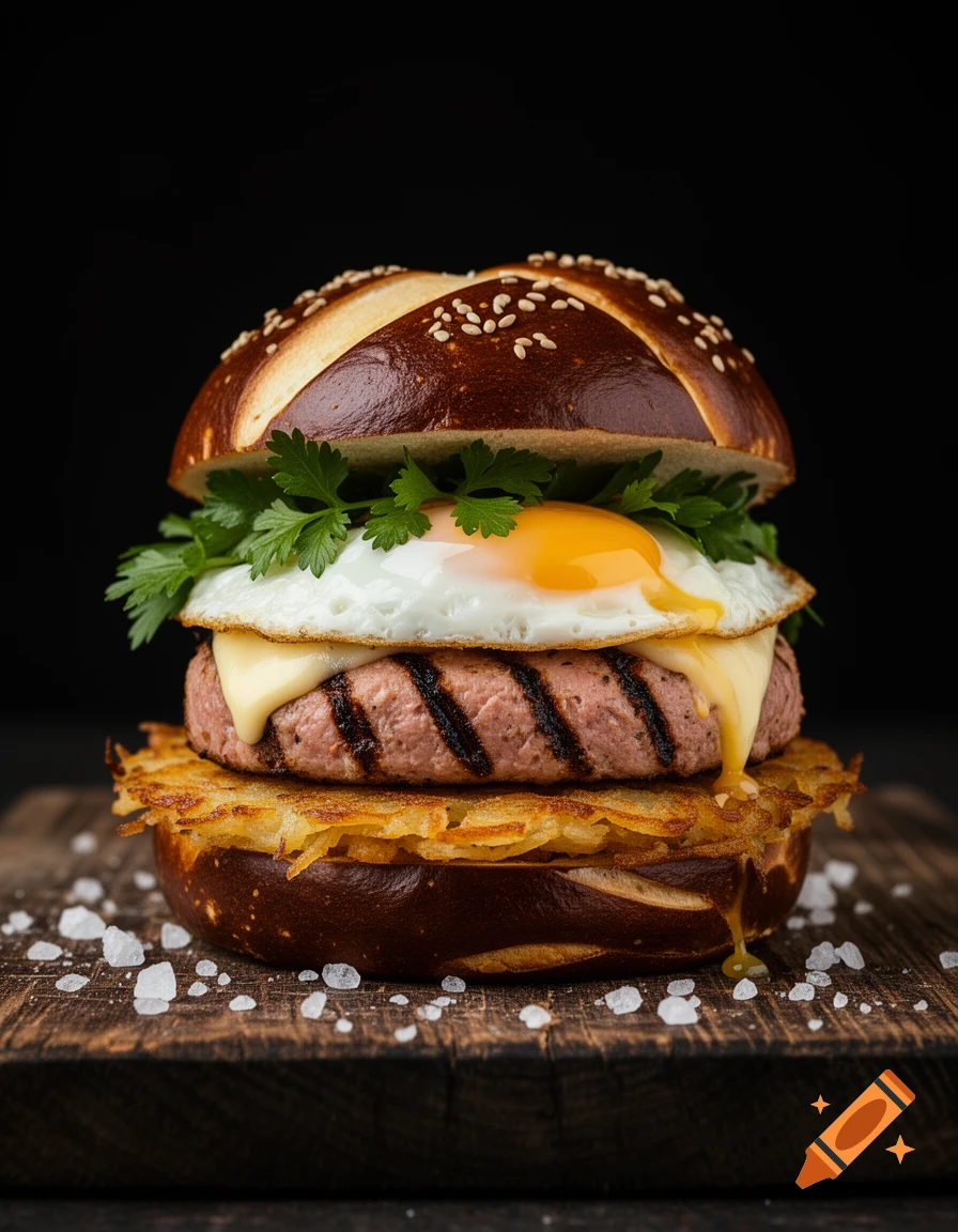 A gourmet burger with a pretzel bun, hash brown, meat patty, melted cheese, fried egg, parsley, and sea salt on a dark wooden board.