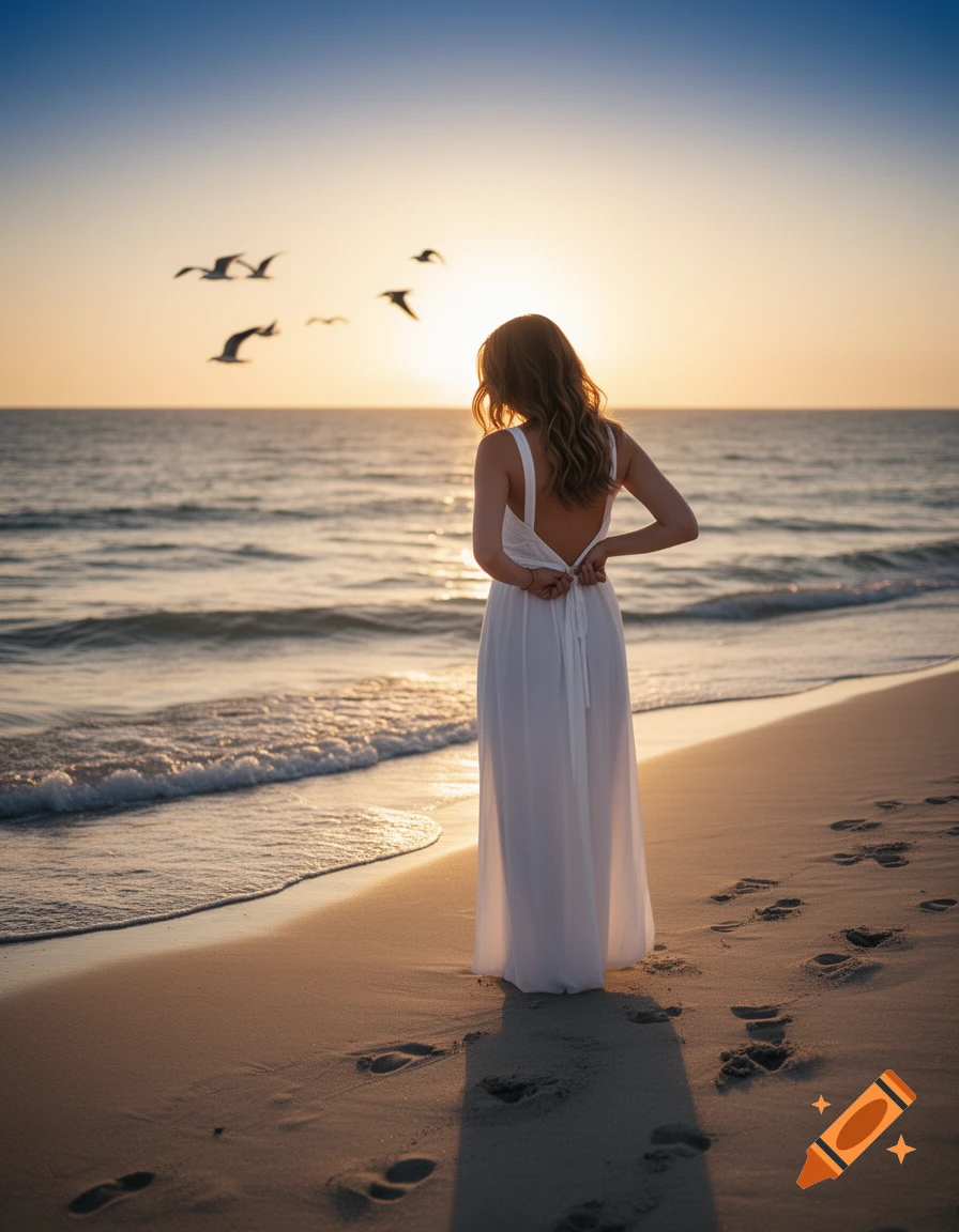 Woman in white dress unbuttoning her back on a beach at sunset, with birds flying over the ocean.