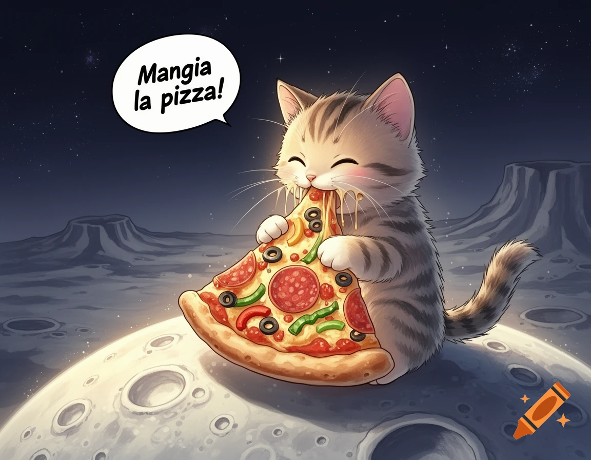 A cute tabby kitten sits on the moon, happily eating a slice of pepperoni pizza, in a cartoon manga style.
