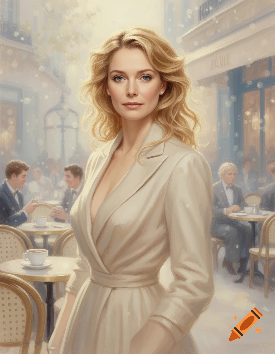 Digital painting of a blonde woman in a cream trench coat standing on a Parisian street with cafes.