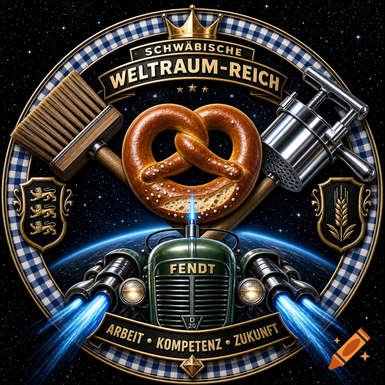 A vibrant heraldic crest features a pretzel, broom, and noodle press crossed behind a Fendt tractor grill, against a starry space backdrop.