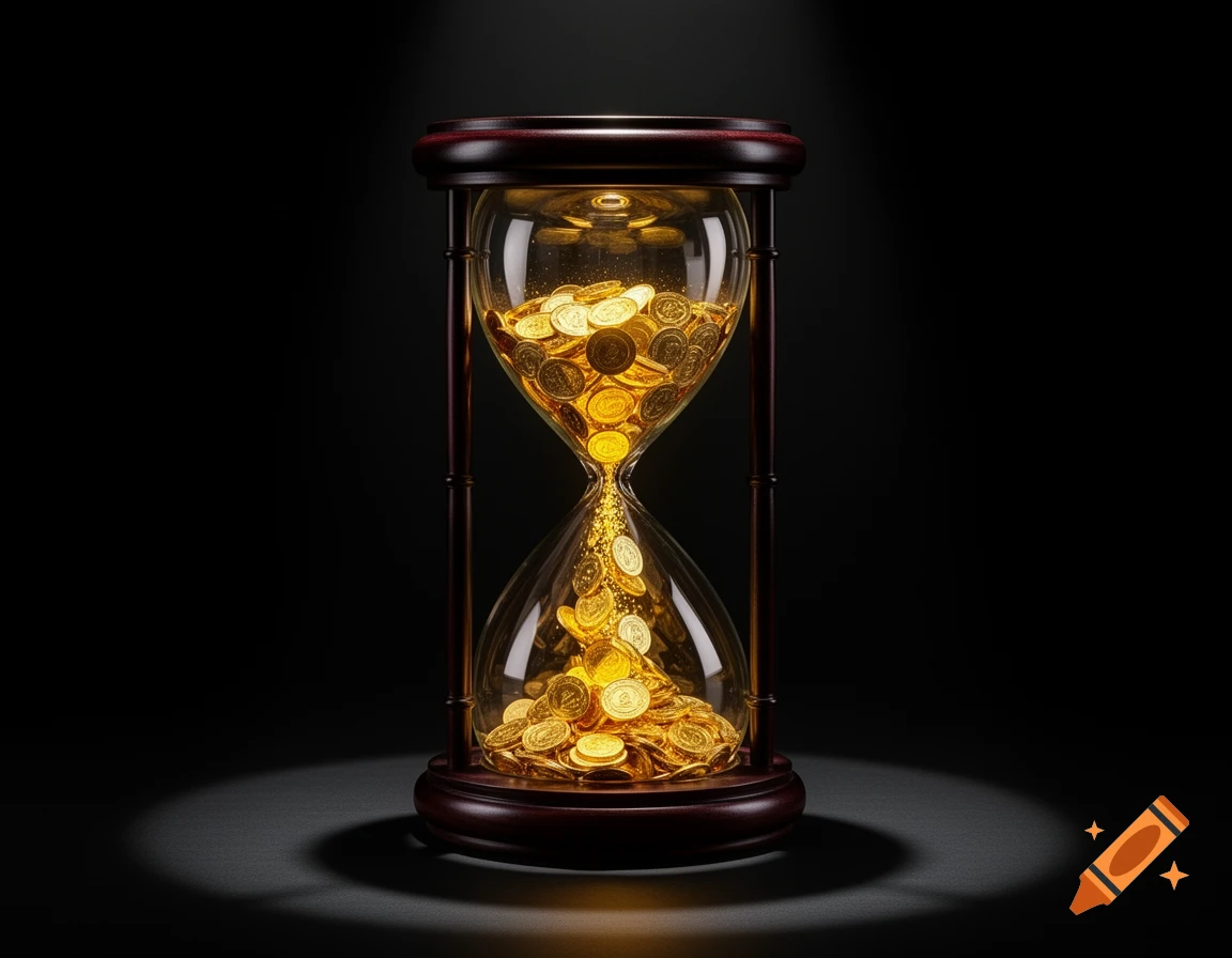 A photorealistic hourglass with glowing gold coins flowing from its top chamber into a pile in the bottom, dramatically lit on a dark background.