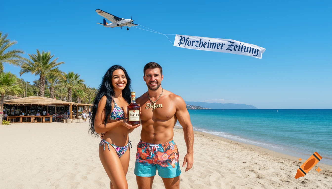 A smiling couple on a sunny sandy beach, holding a bottle. A small plane with a banner "Pforzheimer Zeitung" flies overhead.