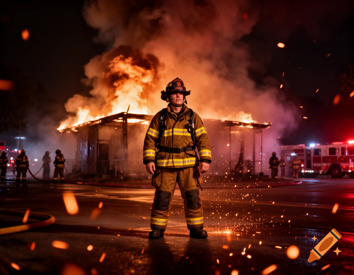 A firefighter in full gear stands in a street at night, with a building engulfed in fire and smoke behind them, and other emergency personnel and a fire truck in the background.