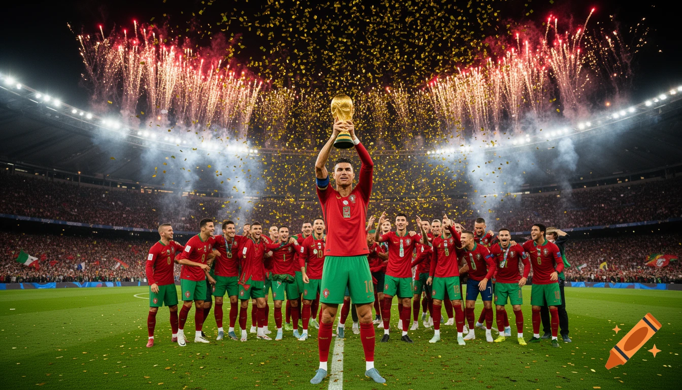 Cristiano Ronaldo lifts the World Cup trophy, surrounded by his celebrating Portuguese team, golden confetti, and fireworks in a stadium.