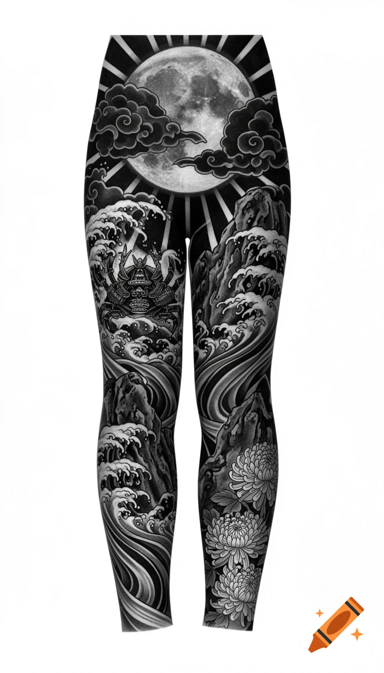Full leg tattoo design in black and grey Japanese Irezumi style with a moon, clouds, waves, a samurai crab, and chrysanthemums.