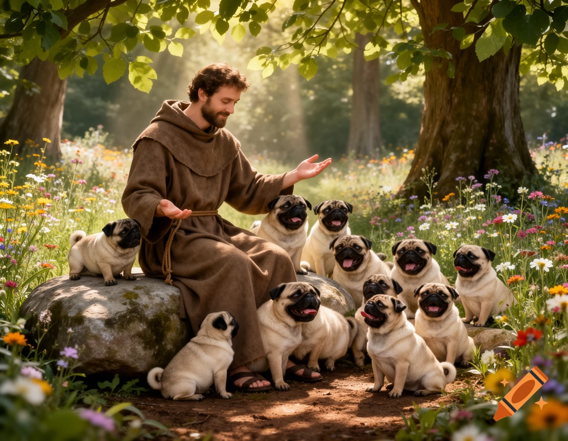 A man in a friar's robe sits on a rock in a sunlit, flowery meadow, surrounded by many pugs.