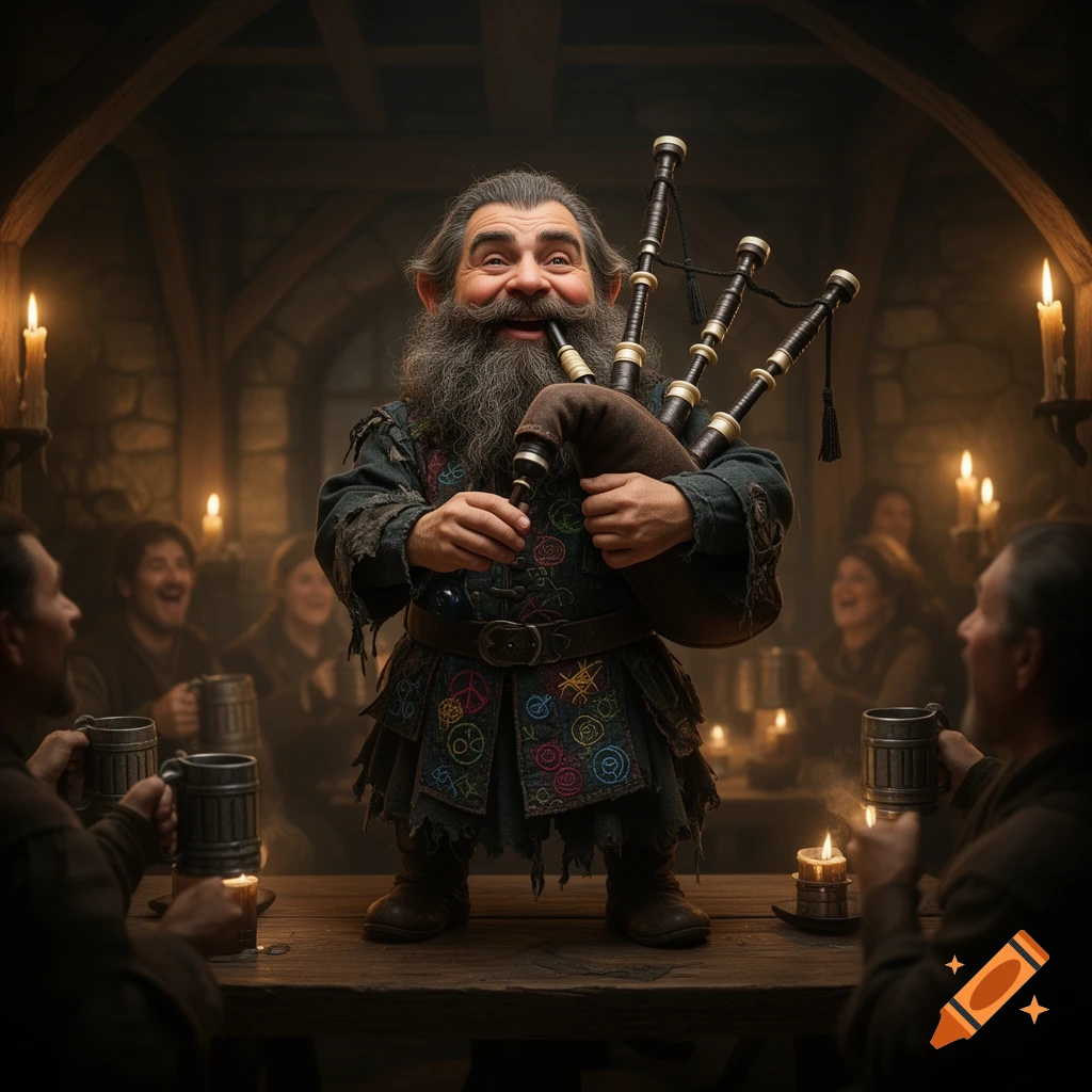 A bearded, smiling gnome-like man plays bagpipes on a table in a dimly lit, rustic tavern filled with patrons.