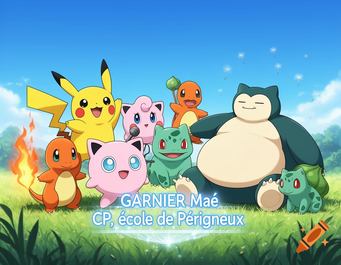 Pikachu, Charmander, Jigglypuff, Bulbasaur, and Snorlax stand in a grassy field under a blue sky, with text 'GARNIER Maé, CP, école de Périgneux' below.