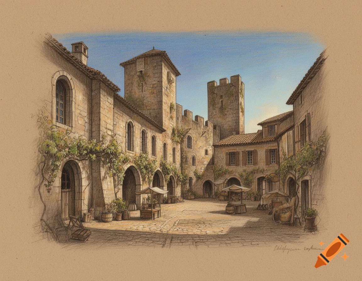 A detailed colored pencil drawing of a sunny medieval stone courtyard with buildings, towers, and market stalls on kraft paper.