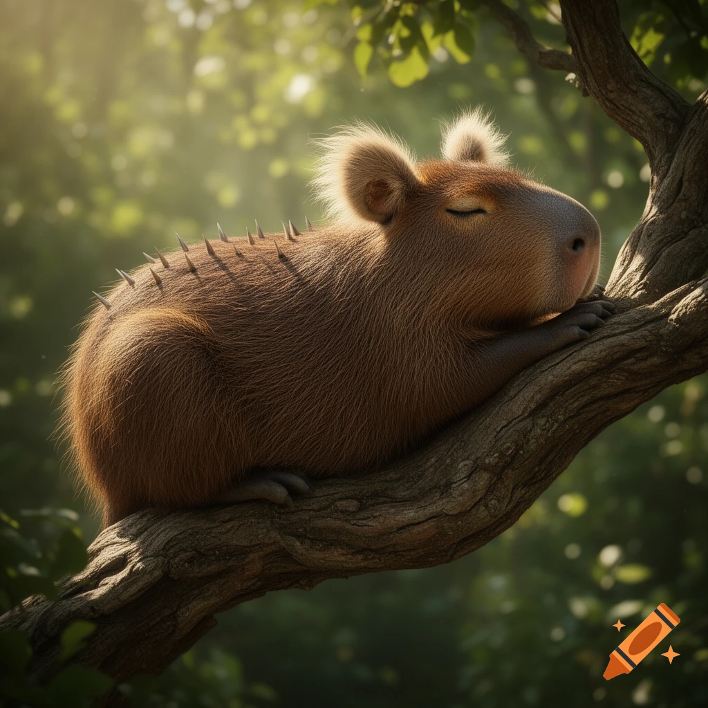 A fluffy brown hybrid creature, appearing to be a mix of capybara, koala, and penguin, with spikes on its back, sleeps peacefully on a thick tree branch in dappled sunlight.
