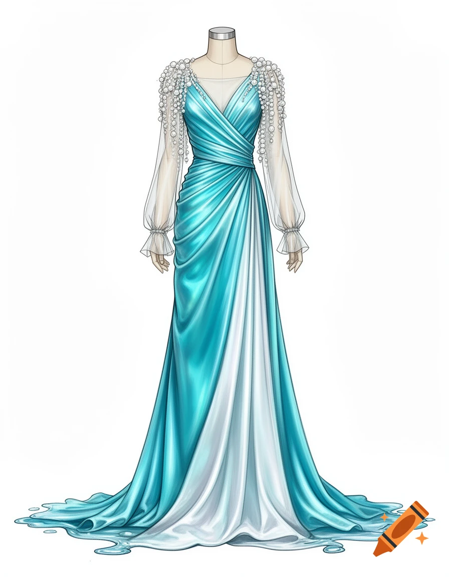 Fashion illustration of a turquoise and white silk maxi dress with sheer sleeves and pearl shoulders on a mannequin, with water effect.