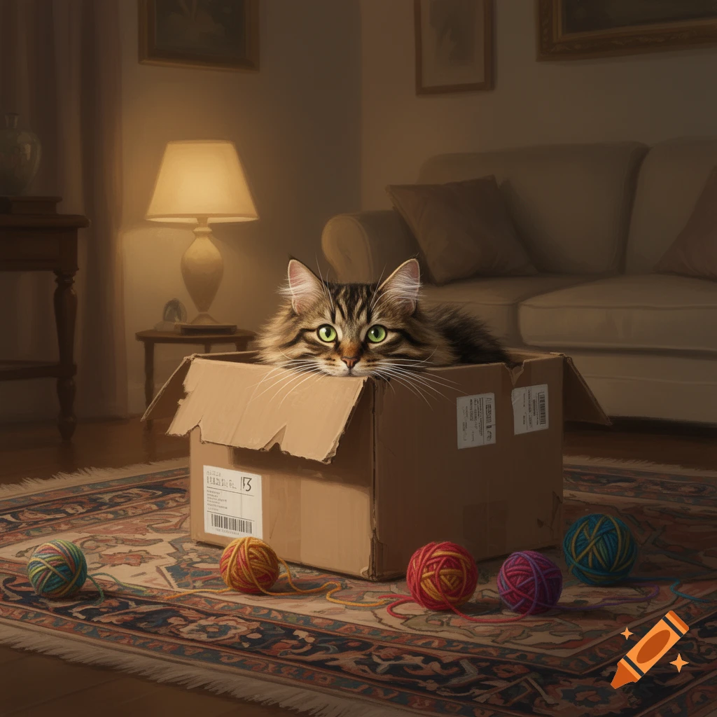 A fluffy tabby cat with bright green eyes looks out from a cardboard box, surrounded by colorful yarn balls on a rug in a dim room.
