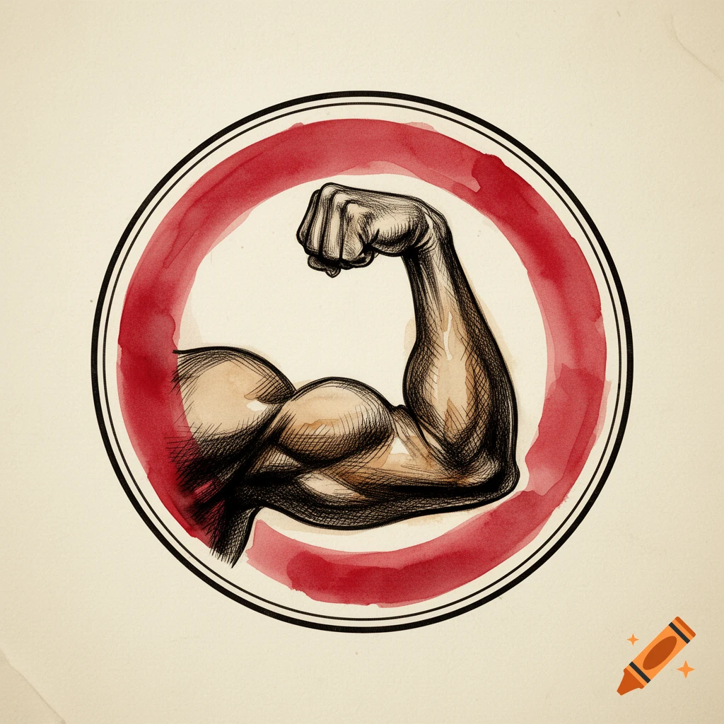 Ink wash engraving of a flexed muscular arm in a red and black circular badge on aged parchment.