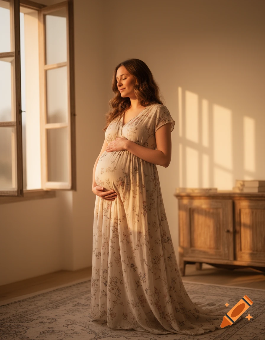 A pregnant woman in a floral dress stands by a sunlit window, gently holding her belly with closed eyes.