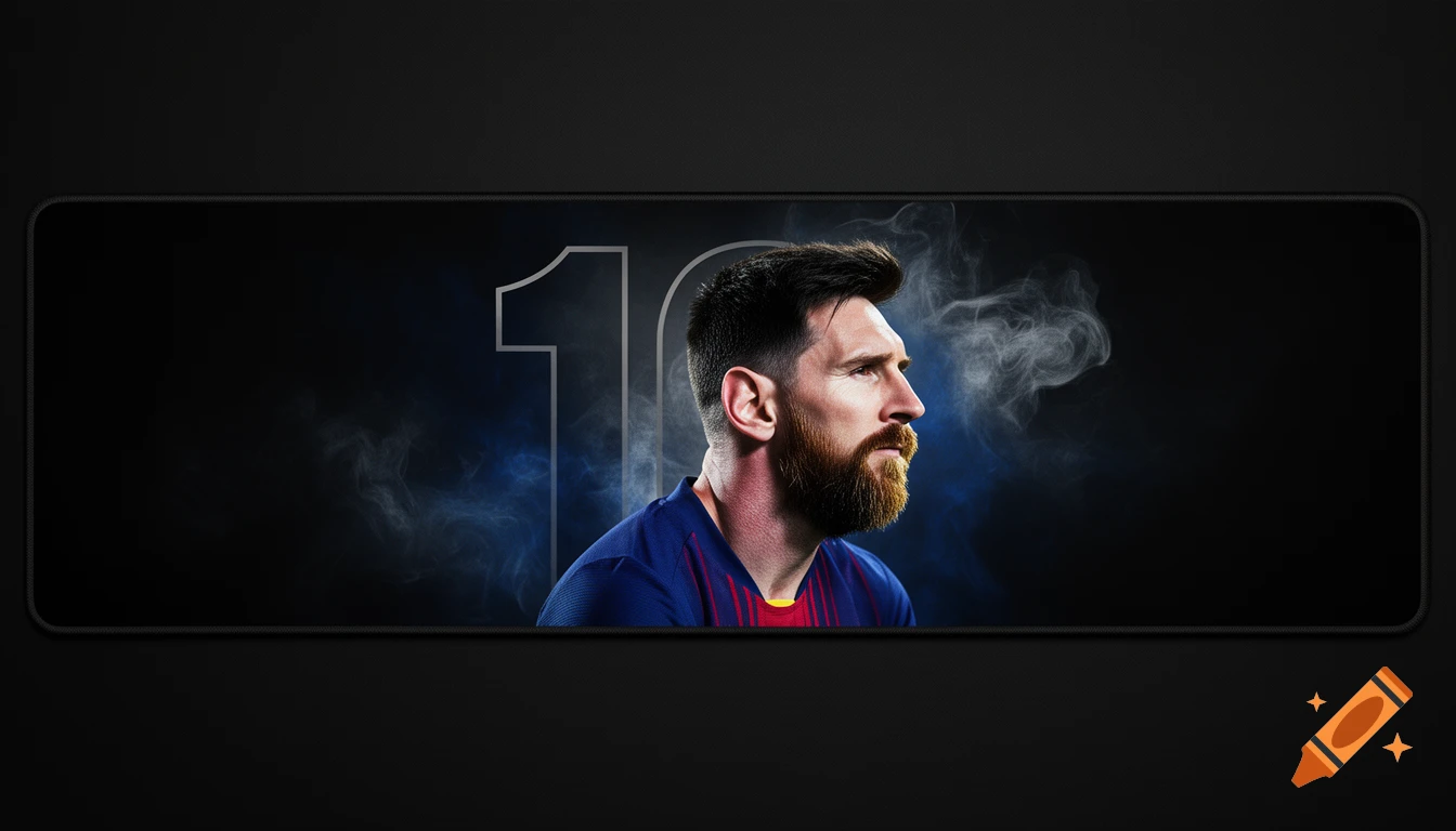 Portrait of Lionel Messi with a ginger beard, wearing a blue and red jersey, looking right. A large outlined '10' and blue smoke are in the dark background.